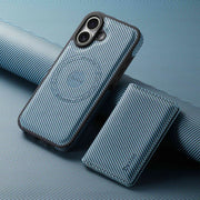 For iPhone 16 Denior Carbon Fiber Texture Leather Card Bag MagSafe Phone Case(Blue)