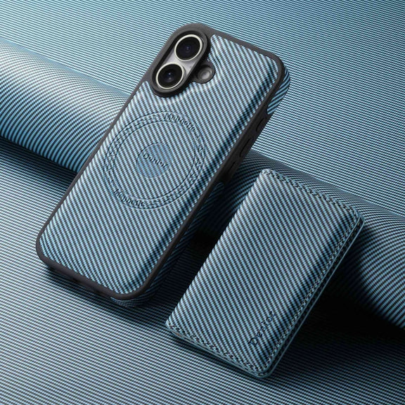 For iPhone 16 Denior Carbon Fiber Texture Leather Card Bag MagSafe Phone Case(Blue)