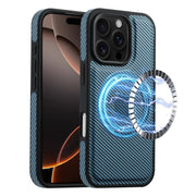 For iPhone 16 Pro Max Denior Carbon Fiber Texture Leather MagSafe Phone Case(Blue)