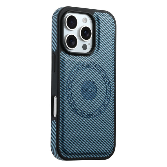 For iPhone 16 Pro Max Denior Carbon Fiber Texture Leather MagSafe Phone Case(Blue)