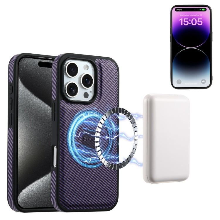 For iPhone 16 Pro Denior Carbon Fiber Texture Leather MagSafe Phone Case(Purple)