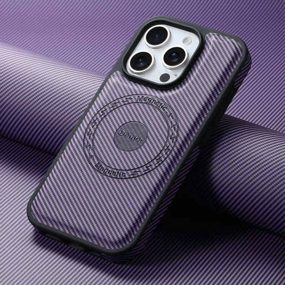 For iPhone 16 Pro Denior Carbon Fiber Texture Leather MagSafe Phone Case(Purple)