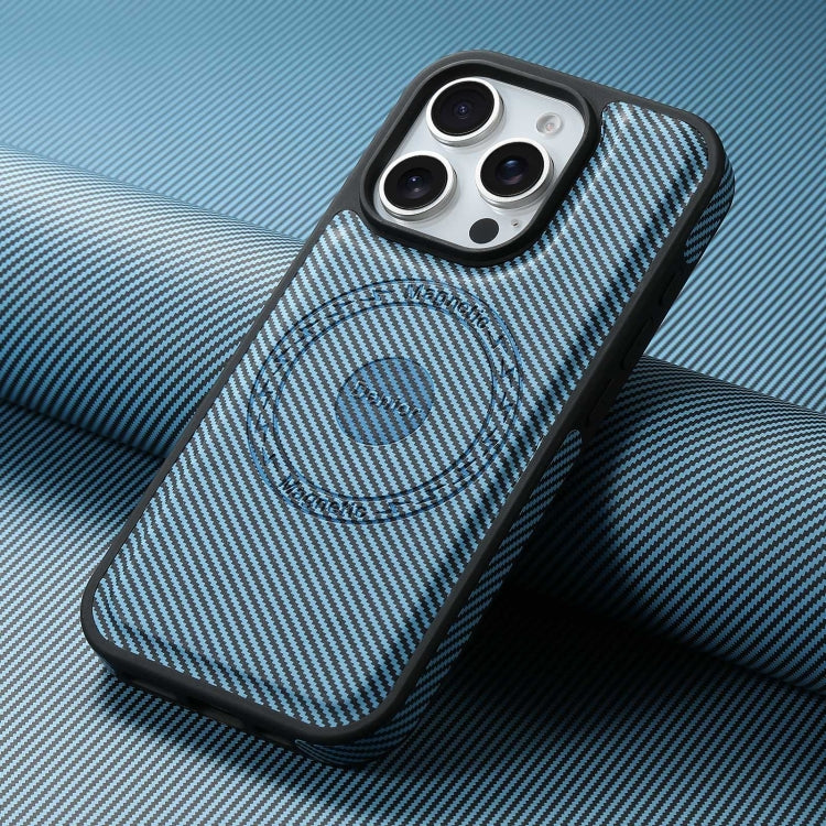 For iPhone 16 Denior Carbon Fiber Texture Leather MagSafe Phone Case(Blue)