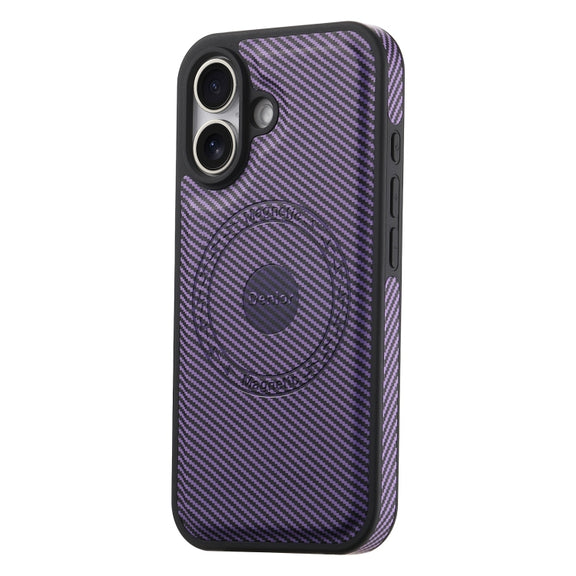 For iPhone 16 Denior Carbon Fiber Texture Leather MagSafe Phone Case(Purple)