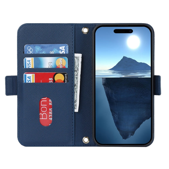 For iPhone 16 Pro Max Cross Texture Crossbody Lanyard Leather Phone Case(Blue)