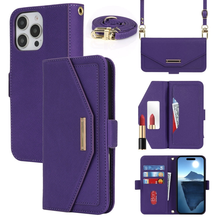 For iPhone 16 Pro Max Cross Texture Crossbody Lanyard Leather Phone Case(Purple) - free shipping - PMC Jewellery - Order now!