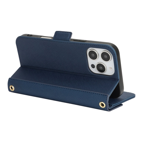 For iPhone 16 Pro Cross Texture Crossbody Lanyard Leather Phone Case(Blue)