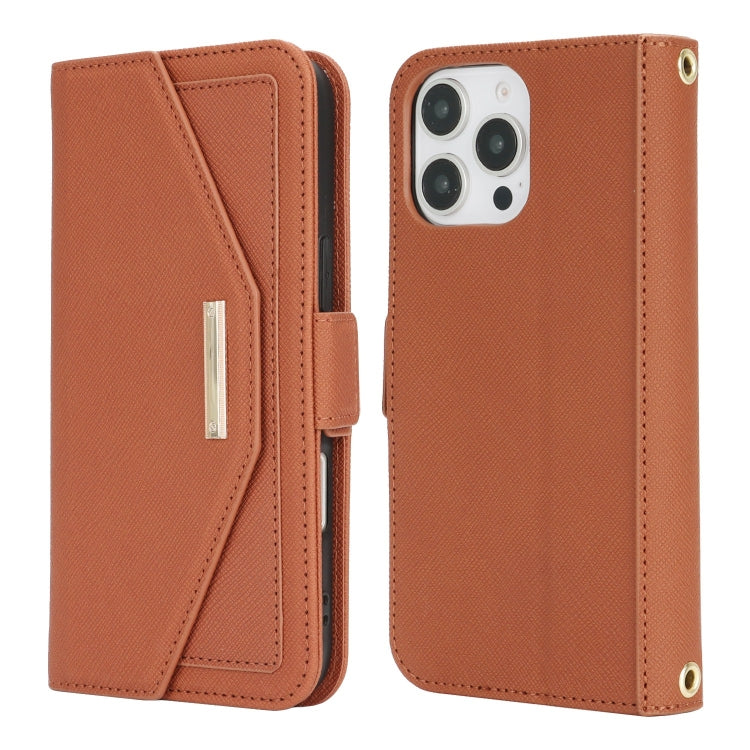 For iPhone 16 Pro Cross Texture Crossbody Lanyard Leather Phone Case(Brown)