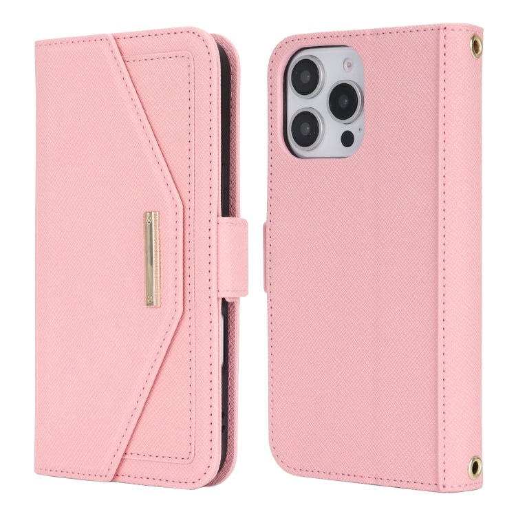 For iPhone 16 Pro Cross Texture Crossbody Lanyard Leather Phone Case(Pink)