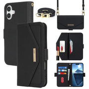 For iPhone 16 Plus Cross Texture Crossbody Lanyard Leather Phone Case(Black)