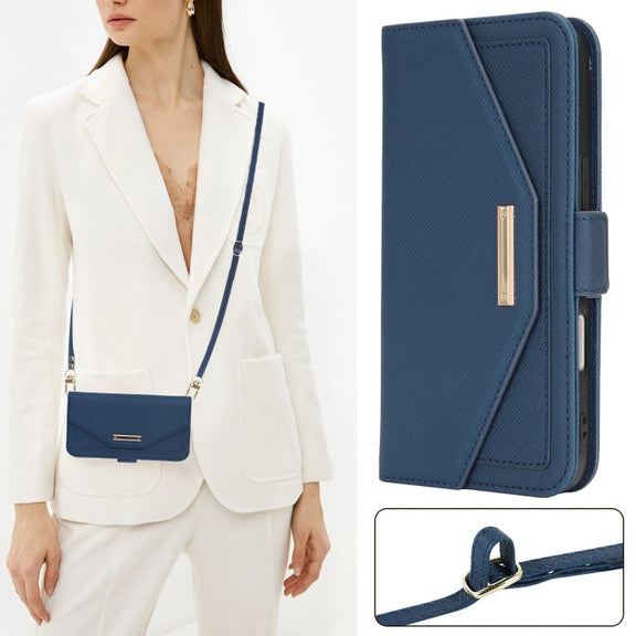 For iPhone 16 Plus Cross Texture Crossbody Lanyard Leather Phone Case(Blue)