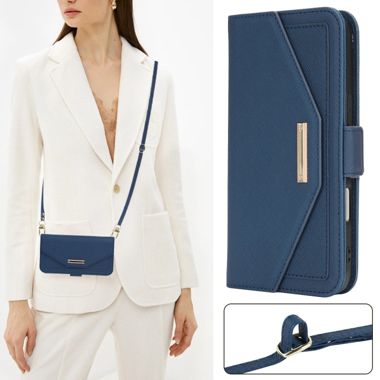 For iPhone 16 Plus Cross Texture Crossbody Lanyard Leather Phone Case(Blue)