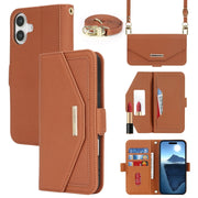 For iPhone 16 Plus Cross Texture Crossbody Lanyard Leather Phone Case(Brown)