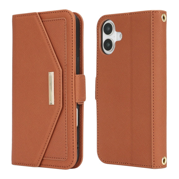 For iPhone 16 Plus Cross Texture Crossbody Lanyard Leather Phone Case(Brown)