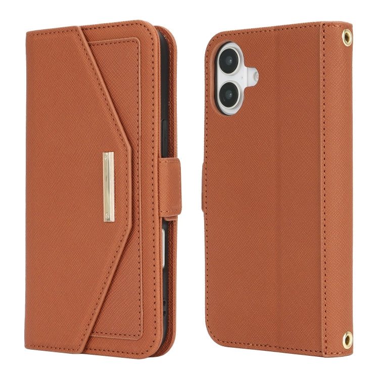 For iPhone 16 Plus Cross Texture Crossbody Lanyard Leather Phone Case(Brown)