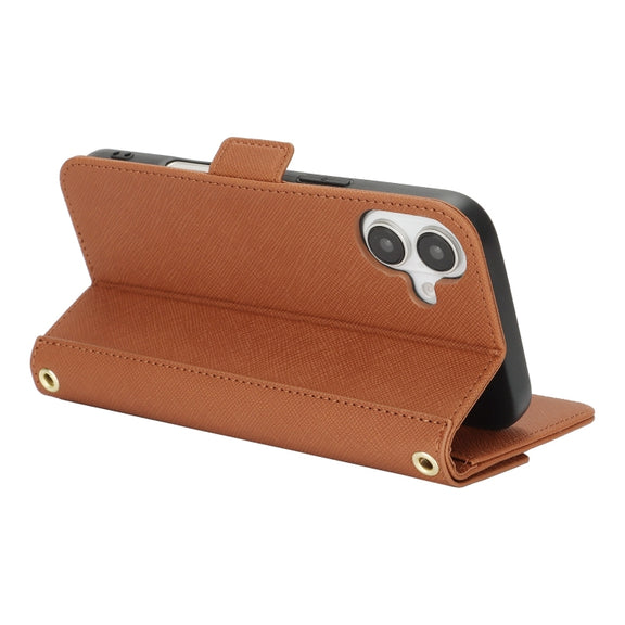For iPhone 16 Plus Cross Texture Crossbody Lanyard Leather Phone Case(Brown)