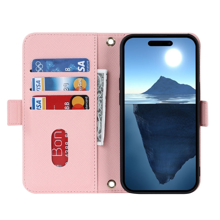 For iPhone 16 Plus Cross Texture Crossbody Lanyard Leather Phone Case(Pink) - free shipping - PMC Jewellery - Order now!