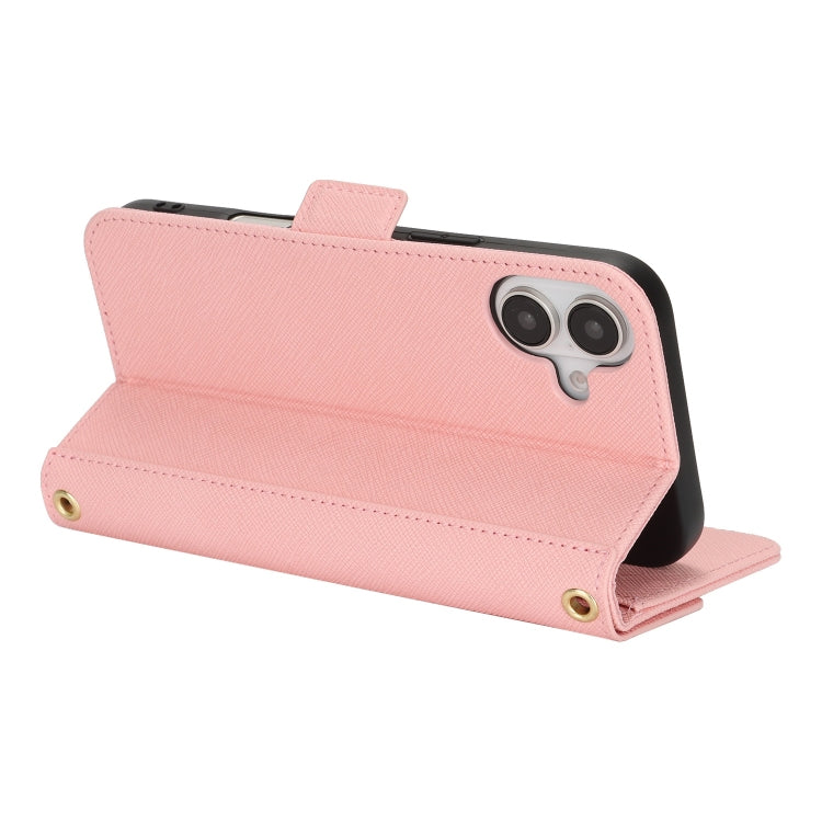 For iPhone 16 Plus Cross Texture Crossbody Lanyard Leather Phone Case(Pink) - free shipping - PMC Jewellery - Order now!