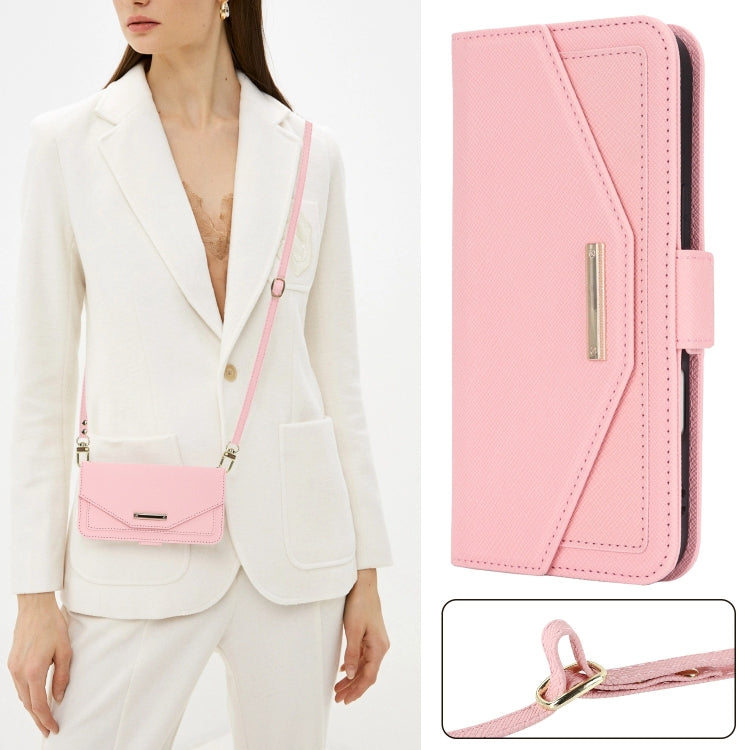 For iPhone 16 Plus Cross Texture Crossbody Lanyard Leather Phone Case(Pink) - free shipping - PMC Jewellery - Order now!
