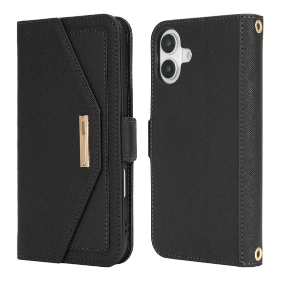 For iPhone 16 Cross Texture Crossbody Lanyard Leather Phone Case(Black)