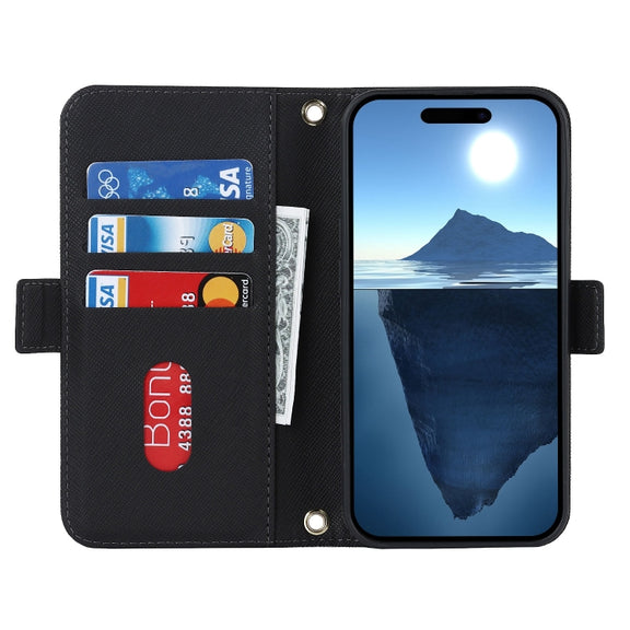 For iPhone 16 Cross Texture Crossbody Lanyard Leather Phone Case(Black)