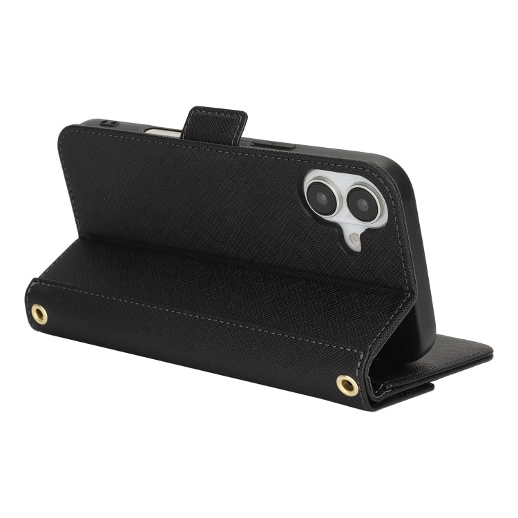 For iPhone 16 Cross Texture Crossbody Lanyard Leather Phone Case(Black)