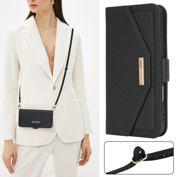 For iPhone 16 Cross Texture Crossbody Lanyard Leather Phone Case(Black)