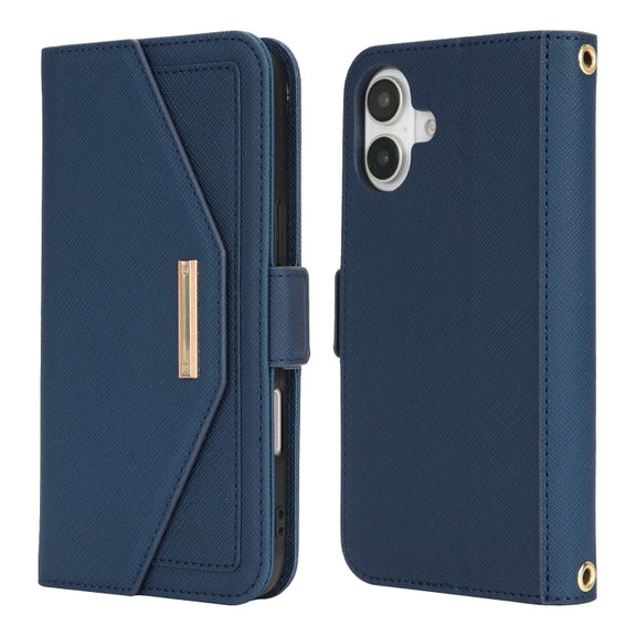 For iPhone 16 Cross Texture Crossbody Lanyard Leather Phone Case(Blue)