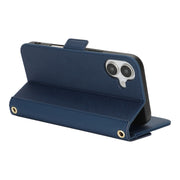 For iPhone 16 Cross Texture Crossbody Lanyard Leather Phone Case(Blue)