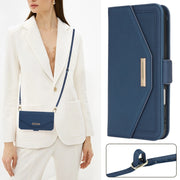 For iPhone 16 Cross Texture Crossbody Lanyard Leather Phone Case(Blue)