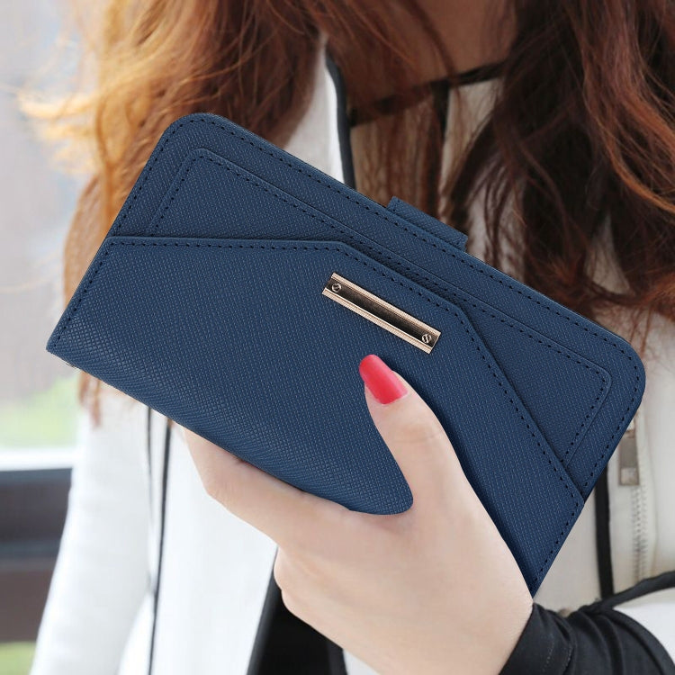 For iPhone 16 Cross Texture Crossbody Lanyard Leather Phone Case(Blue)