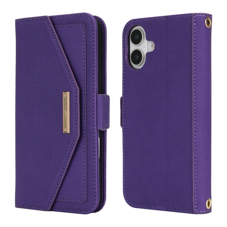 For iPhone 16 Cross Texture Crossbody Lanyard Leather Phone Case(Purple)
