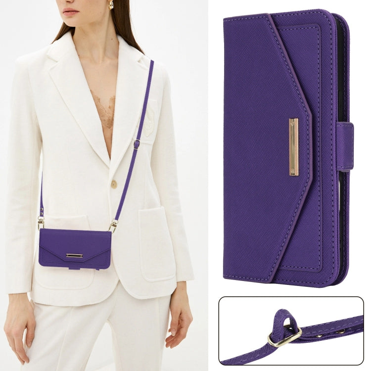 For iPhone 16 Cross Texture Crossbody Lanyard Leather Phone Case(Purple)