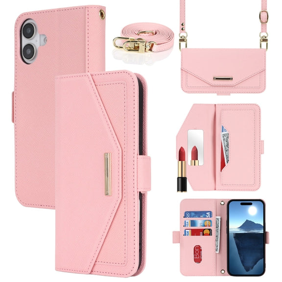 For iPhone 16 Cross Texture Crossbody Lanyard Leather Phone Case(Pink)