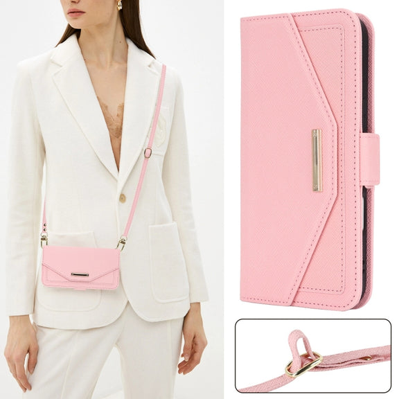 For iPhone 16 Cross Texture Crossbody Lanyard Leather Phone Case(Pink)
