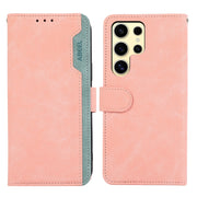 For Samsung Galaxy S25 Ultra 5G ABEEL Color Block Magnetic RFID Leather Phone Case(Pink-Cyan)