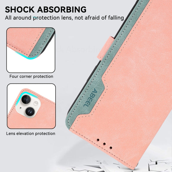 For Samsung Galaxy S25 Ultra 5G ABEEL Color Block Magnetic RFID Leather Phone Case(Pink-Cyan)