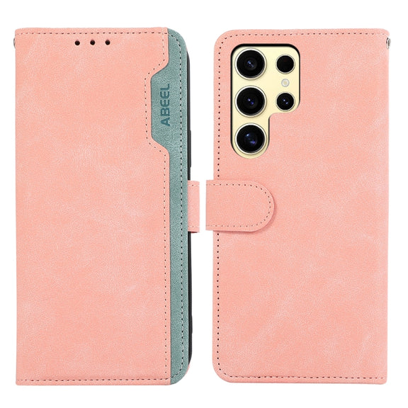 For Samsung Galaxy S25 Ultra 5G ABEEL Color Block Magnetic RFID Leather Phone Case(Pink-Cyan)