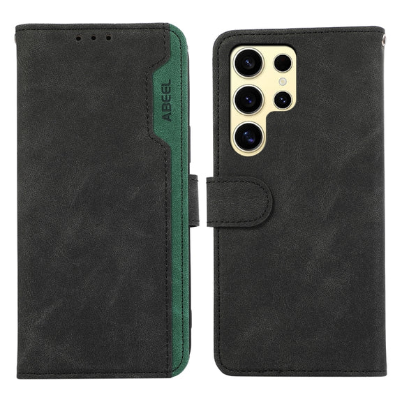 For Samsung Galaxy S25 Ultra 5G ABEEL Color Block Magnetic RFID Leather Phone Case(Black-Green)