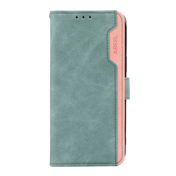 For Samsung Galaxy S25 Ultra 5G ABEEL Color Block Magnetic RFID Leather Phone Case(Cyan-Pink)