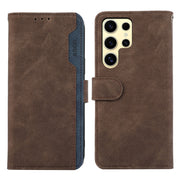 For Samsung Galaxy S25 Ultra 5G ABEEL Color Block Magnetic RFID Leather Phone Case(Brown-Blue)
