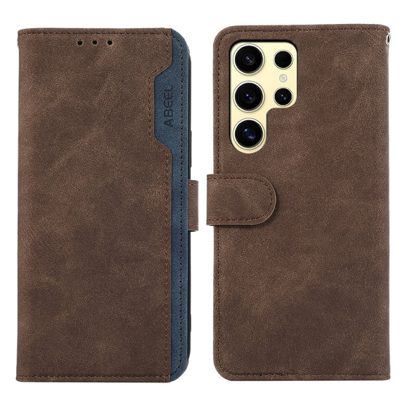 For Samsung Galaxy S25 Ultra 5G ABEEL Color Block Magnetic RFID Leather Phone Case(Brown-Blue)