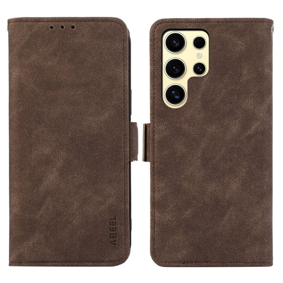 For Samsung Galaxy S25 Ultra 5G ABEEL Frosted Magnetic RFID Leather Phone Case(Brown)