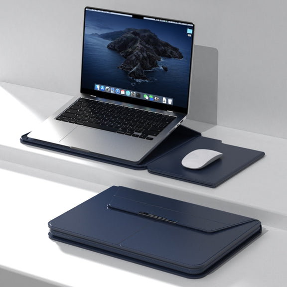 Multifunctional Laptop PU Magnetic Stand Split Liner Bag with Mouse Pad Function, Size:15 inch(Dark Blue)