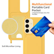 For Samsung Galaxy S25 5G Integrated Card Bag Solid Color Liquid Silicone Phone Case with Lanyard(Yellow)