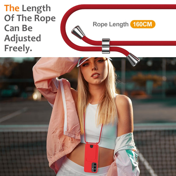 For Samsung Galaxy S25+ 5G Integrated Card Bag Solid Color Liquid Silicone Phone Case with Lanyard(Red)