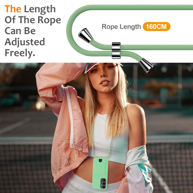 For Samsung Galaxy S25+ 5G Integrated Card Bag Solid Color Liquid Silicone Phone Case with Lanyard(Green)