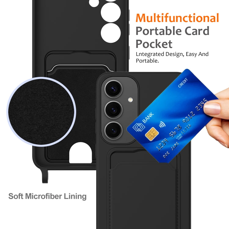 For Samsung Galaxy S25+ 5G Integrated Card Bag Solid Color Liquid Silicone Phone Case with Lanyard(Black) - free shipping - PMC Jewellery - Order now!