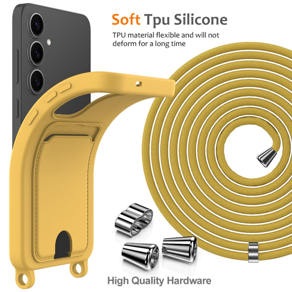 For Samsung Galaxy S25+ 5G Integrated Card Bag Solid Color Liquid Silicone Phone Case with Lanyard(Yellow)