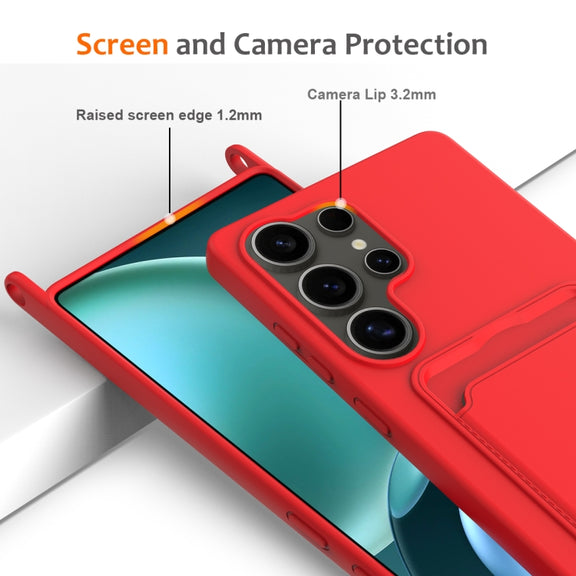 For Samsung Galaxy S25 Ultra 5G Integrated Card Bag Solid Color Liquid Silicone Phone Case with Lanyard(Red)